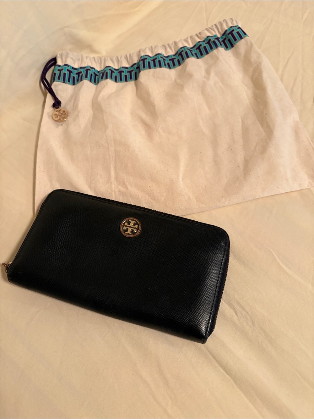 Tory Burch Black Leather Zip Wallet with Gold Logo dust bag included